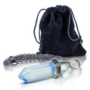 Pendant with opalite in pouch + chain