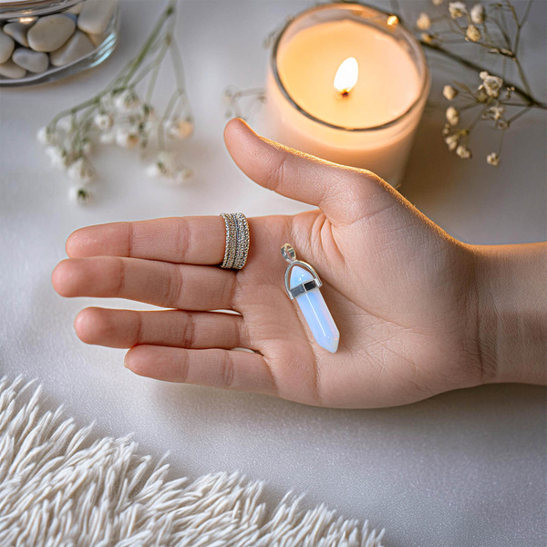 Pendant with opalite in pouch + chain