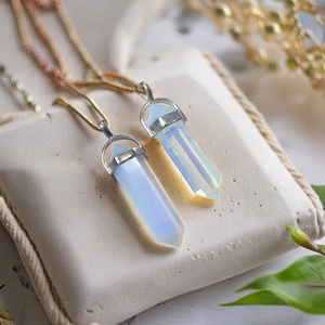 Pendant with opalite in pouch + chain