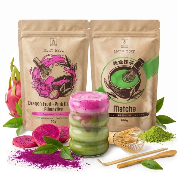 Set for colourful Matcha Latte: Matcha + Pink Matcha + accessories