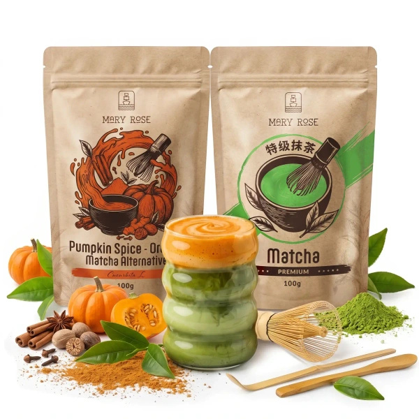 Sett for fargerik Matcha Latte: Matcha + Orange Matcha + tilbehør