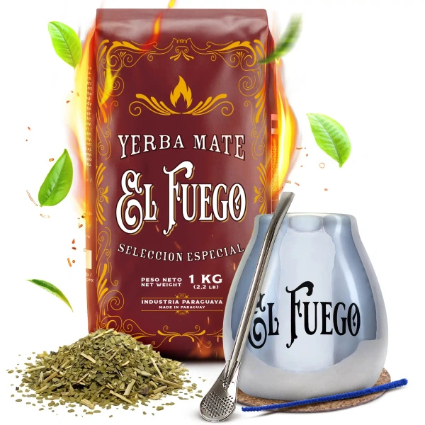 Yerba Mate Set: El Fuego Elaborada 1kg + Calabash + Bombilla