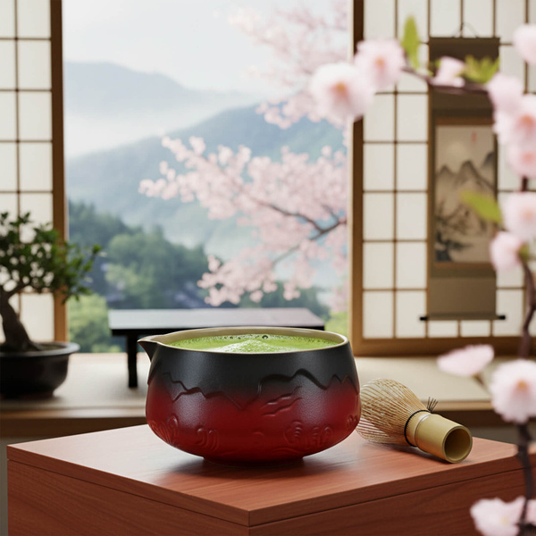 Matchawan – Ceramic Matcha Bowl with Spout – Mountain (red)
