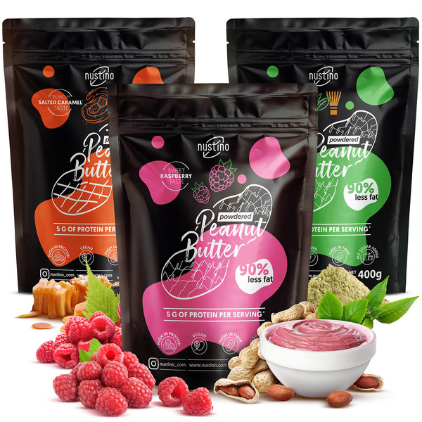 Sett med peanøttsmørpulver Nustino: Raspberry + Salted Caramel + Matcha 3x400g