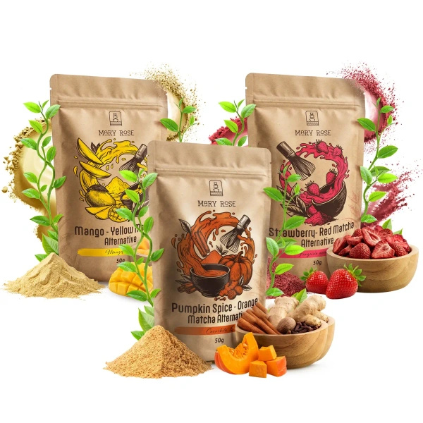 Sett med fargerike matchaer: Red Matcha + Orange Matcha + Yellow Matcha