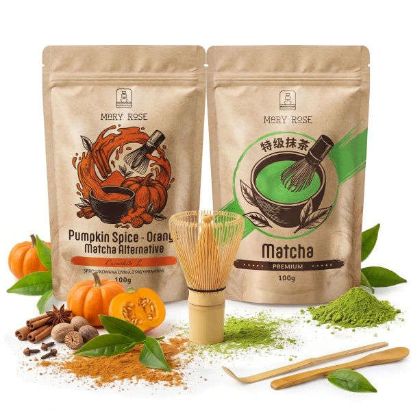 Sett for fargerik Matcha Latte: Matcha + Orange Matcha + tilbehør